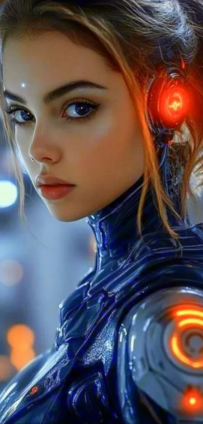 Futuristic cyborg woman with neon glow.