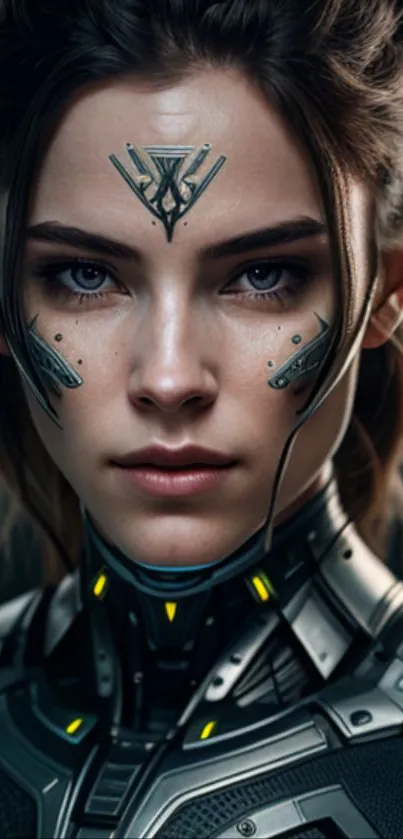 Futuristic cyborg woman with geometric facial designs.