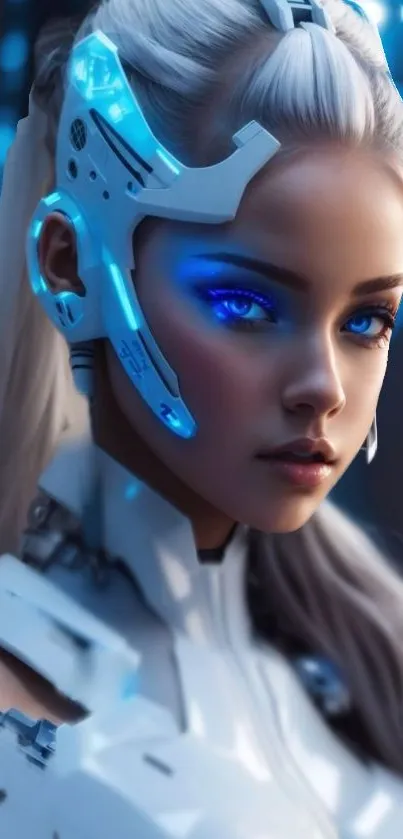 Futuristic cyborg woman with blue glowing elements.