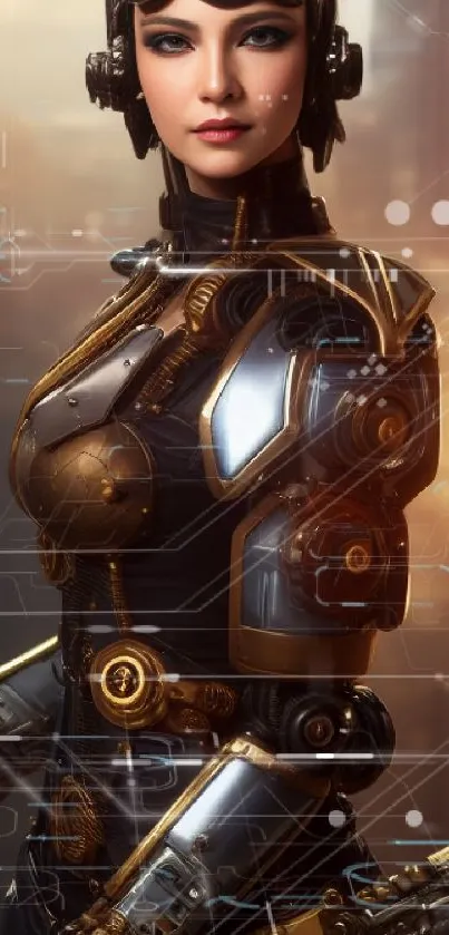 Futuristic female cyborg with steampunk elements in city background.