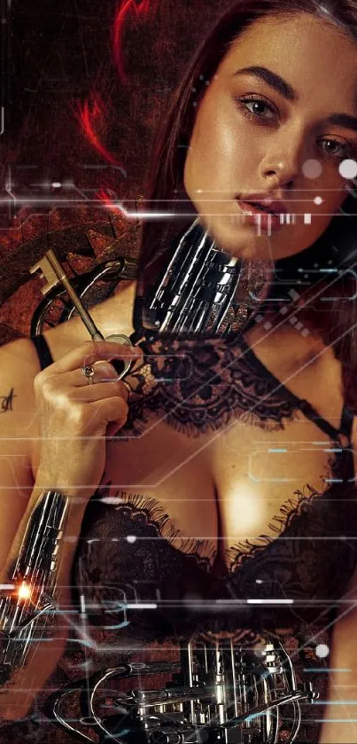 Futuristic cyborg woman with steampunk elements in dark background.