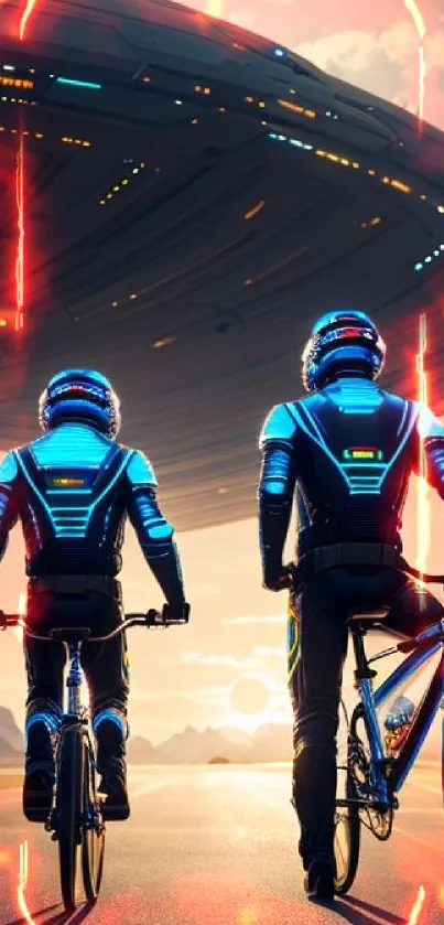 Futuristic cyclists with neon outfits under a giant spaceship.