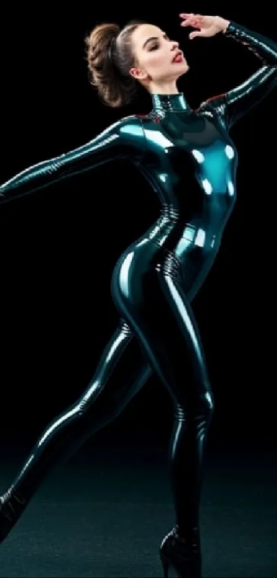 Futuristic black latex dance pose mobile wallpaper.