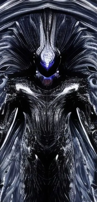 Futuristic dark armor art with shining metallic details.