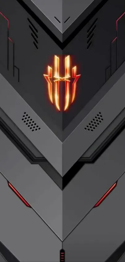 Futuristic dark armor mobile wallpaper with geometric patterns and orange-red accents.