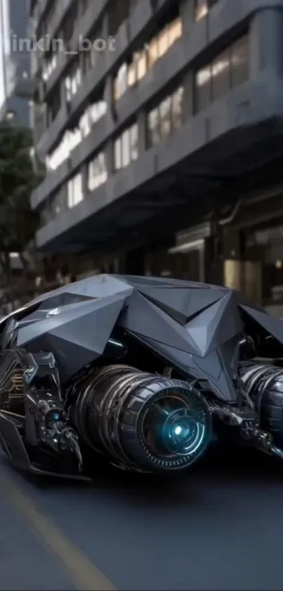 Futuristic dark car on city street at night.