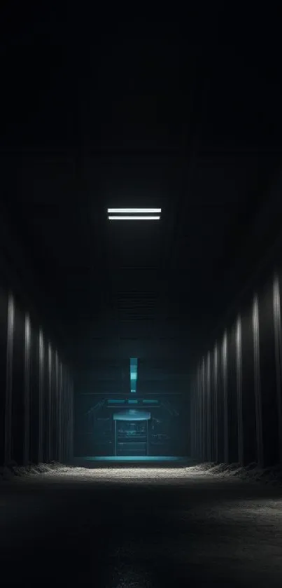 Futuristic dark corridor with blue glow, perfect for sci-fi themed mobile wallpaper.