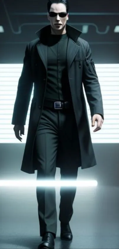 Futuristic character in black coat walking in a dark, high-tech setting.