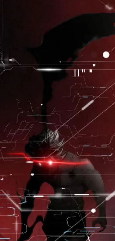 Futuristic dark hero with glowing red eyes in a digital background.