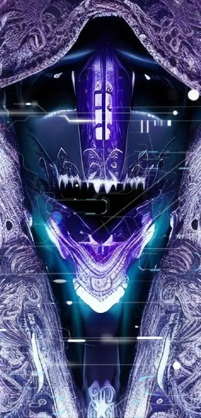 Dark futuristic hooded figure with intricate designs and purple hues.