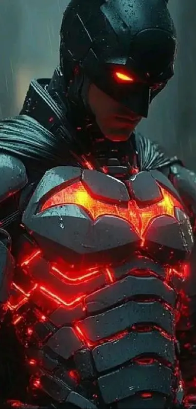 Dark knight in futuristic glowing armor under rain.