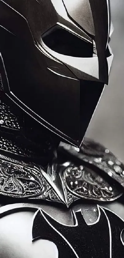 Futuristic dark knight armor with intricate details in a dramatic, metallic design.