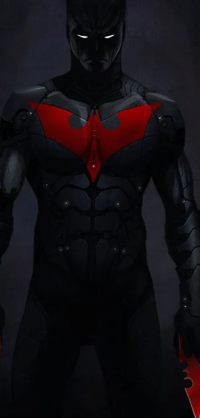 Futuristic hero in dark suit with red emblem on mobile wallpaper.