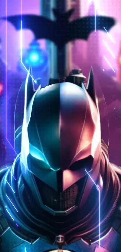 Futuristic dark knight wallpaper with vibrant neon and superhero theme.