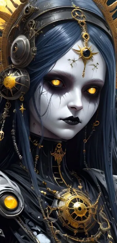 Futuristic dark queen with glowing eyes and intricate design elements.