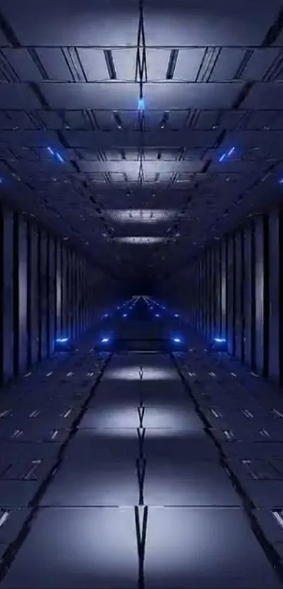 Futuristic dark tunnel with blue lights as smartphone wallpaper.