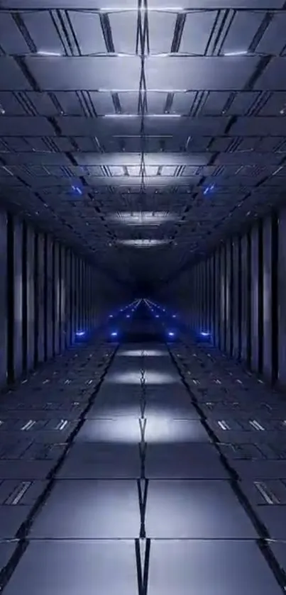 Futuristic dark tunnel wallpaper with blue accent lighting.