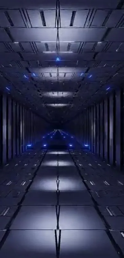 Futuristic dark tunnel with metallic walls and blue lights.