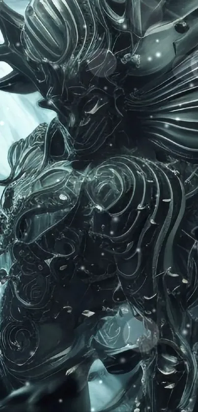 Futuristic dark warrior in intricate armor on an icy backdrop.