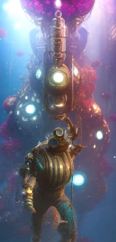 Futuristic deep sea diver with vibrant colors and steampunk design in sci-fi scene.