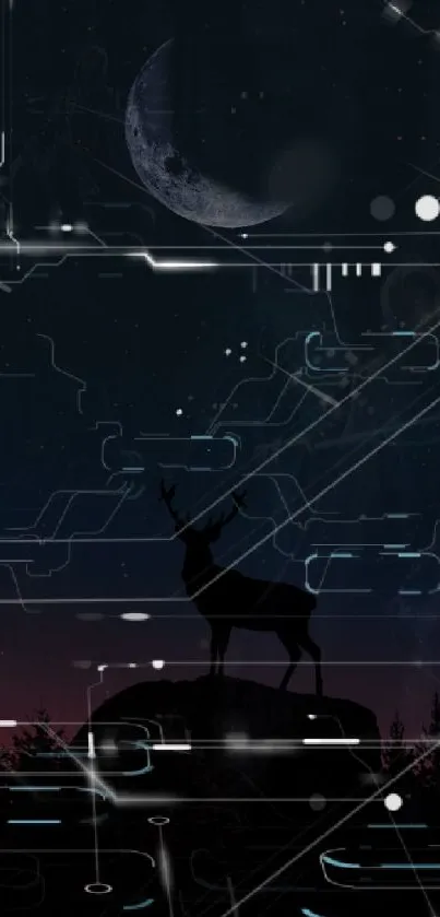 Deer silhouette against a cosmic night sky with digital circuitry.