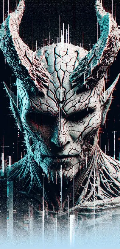 Futuristic demon artwork with dark cyan hues in digital style.