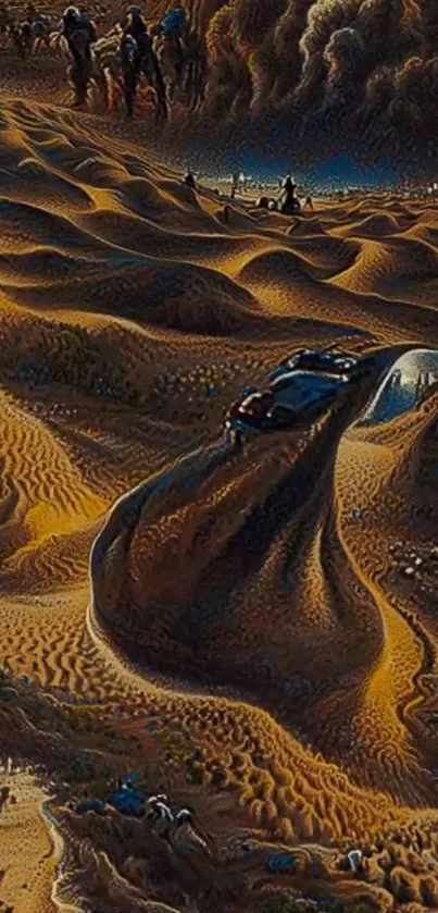 Surreal desert with car on sand dunes in artistic fantasy wallpaper.