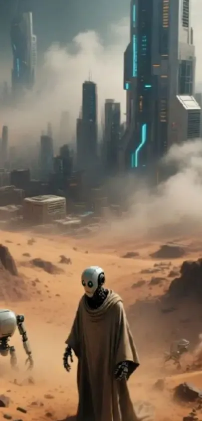 Futuristic desert city with robots and skyscrapers.