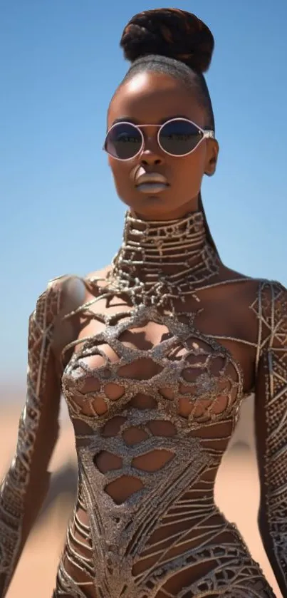 Futuristic fashion model in desert setting with intricate design.