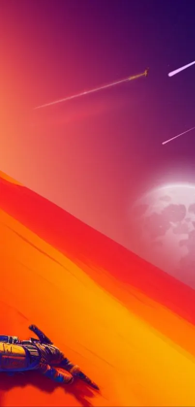 Futuristic desert with astronaut and shooting stars in vibrant colors.