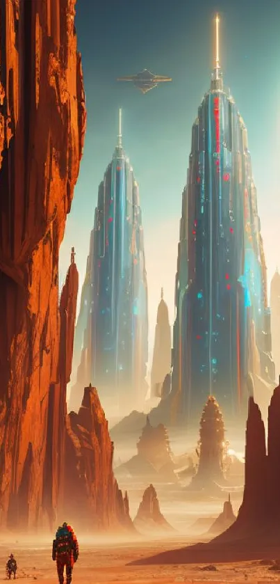 Futuristic desert landscape with skyscrapers and celestial sky.