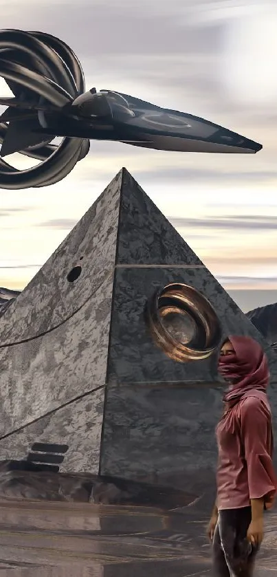 Futuristic pyramid in sci-fi desert landscape.