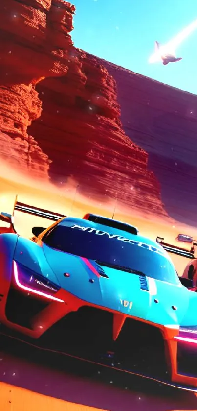 Futuristic supercars racing in the desert under a bright sky.