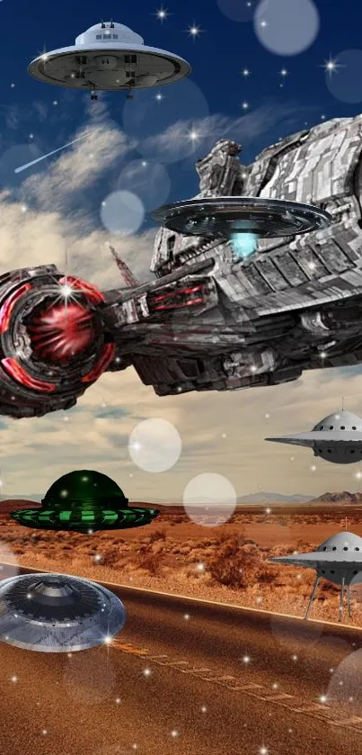 Futuristic vehicle and robots over desert road scene.