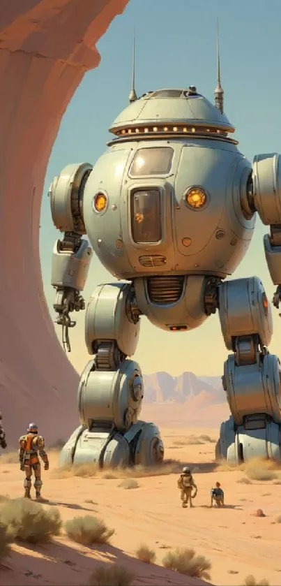 Futuristic giant robot in desert landscape with adventurers.