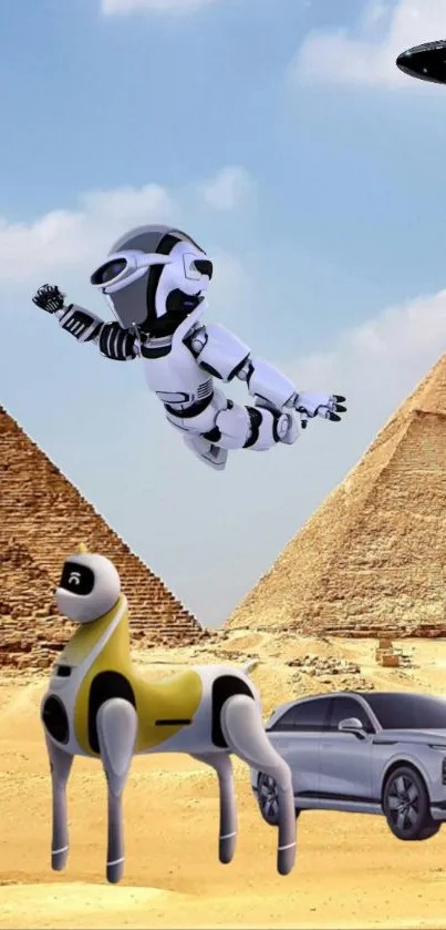 Futuristic desert scene with robots and pyramids.
