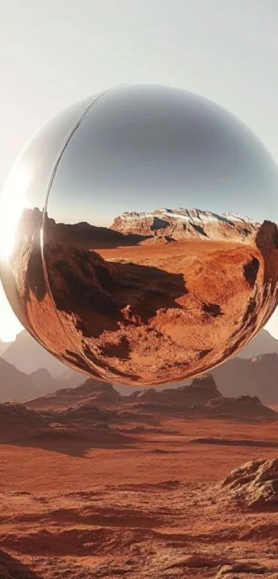 Reflective sphere in desert landscape, artful and futuristic.