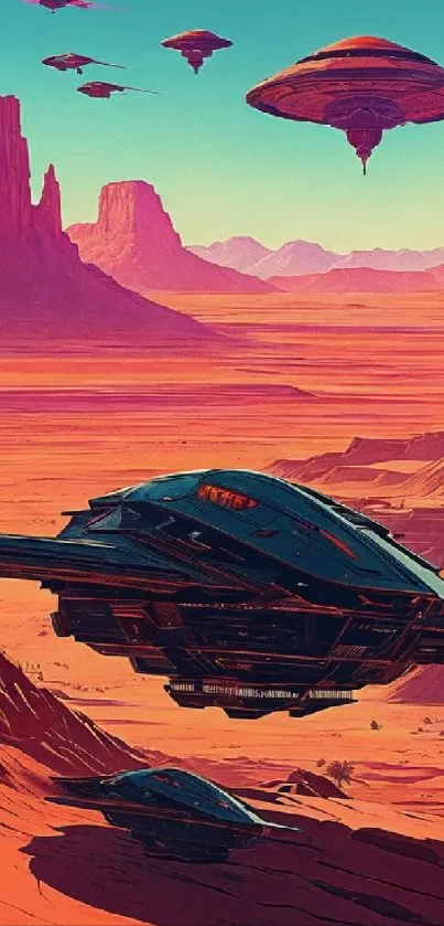 Futuristic desert landscape with hovering UFOs and vibrant orange hues.