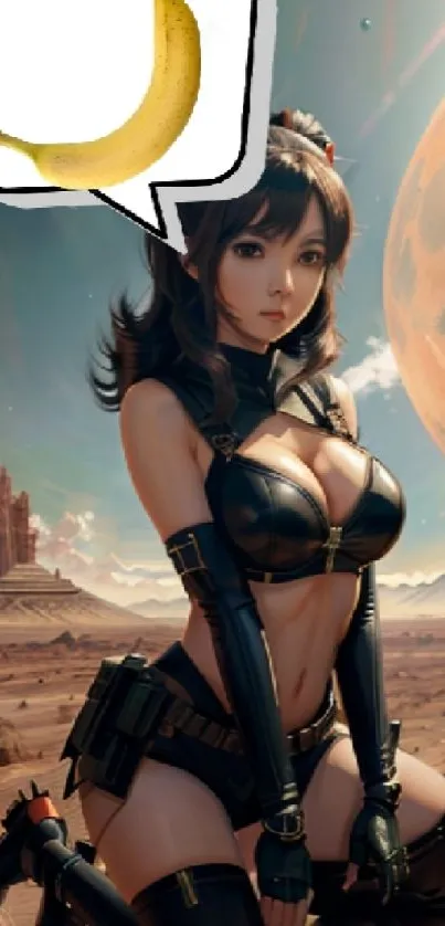Futuristic warrior in desert on mobile wallpaper.