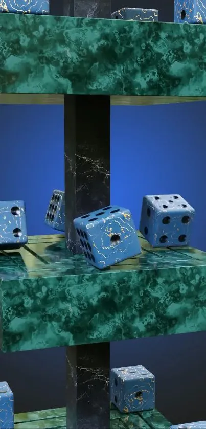 Abstract wallpaper with blue dice and teal marble textures.