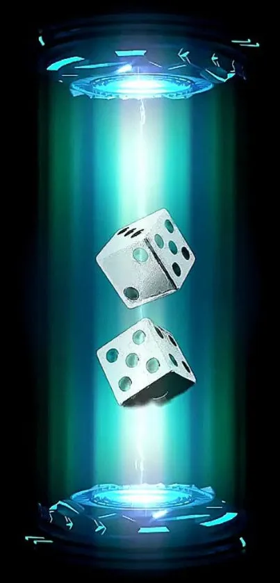 Illuminated futuristic dice in a glowing cyan tube.