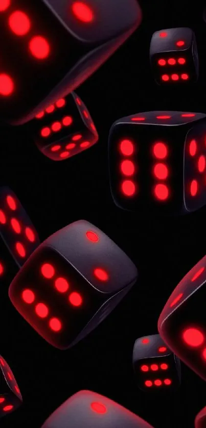 3D digital dice with glowing red dots on black background.