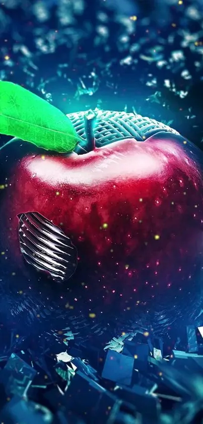 Futuristic digital apple with green leaf on a blue background.