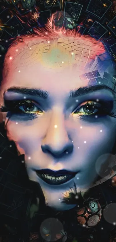 Futuristic digital art featuring a face with vibrant, intricate details.