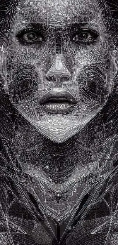 Intricate, futuristic female face in digital art style.