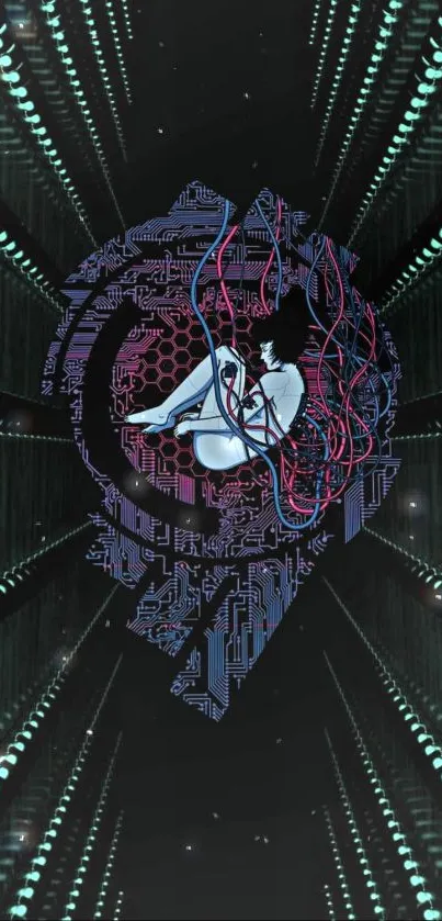 Futuristic digital wallpaper with human form and circuits.