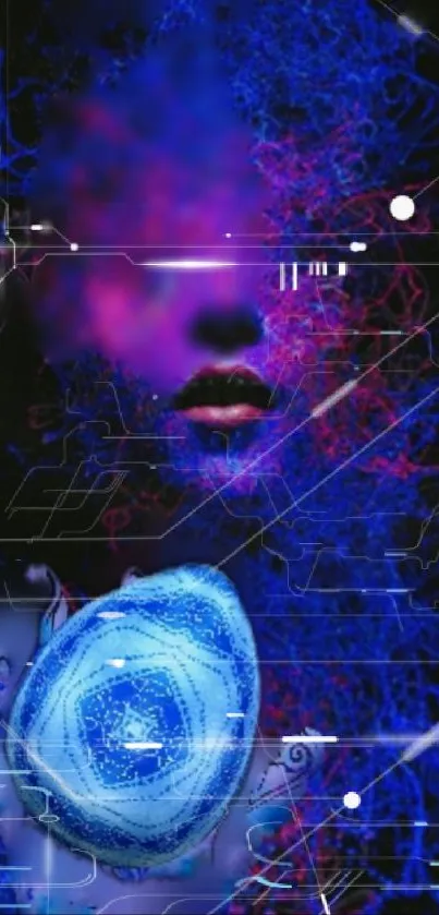 Futuristic digital art wallpaper with vibrant neon blue and pink colors.