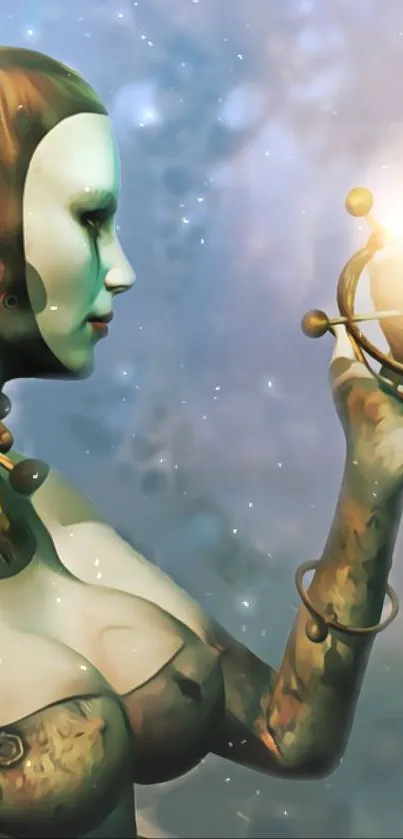 Futuristic art with a mystical figure holding a glowing orb.