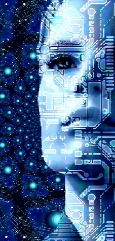 Futuristic digital art wallpaper with human and technology blend.
