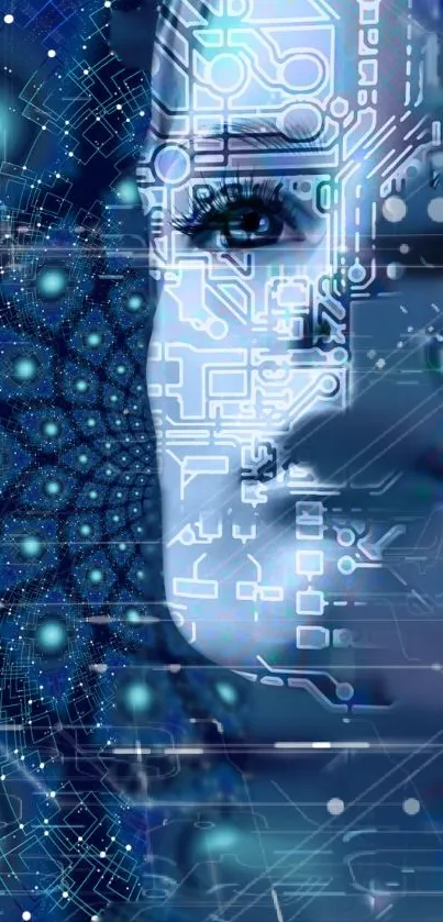 Futuristic digital art wallpaper with blue circuit patterns and abstract design.
